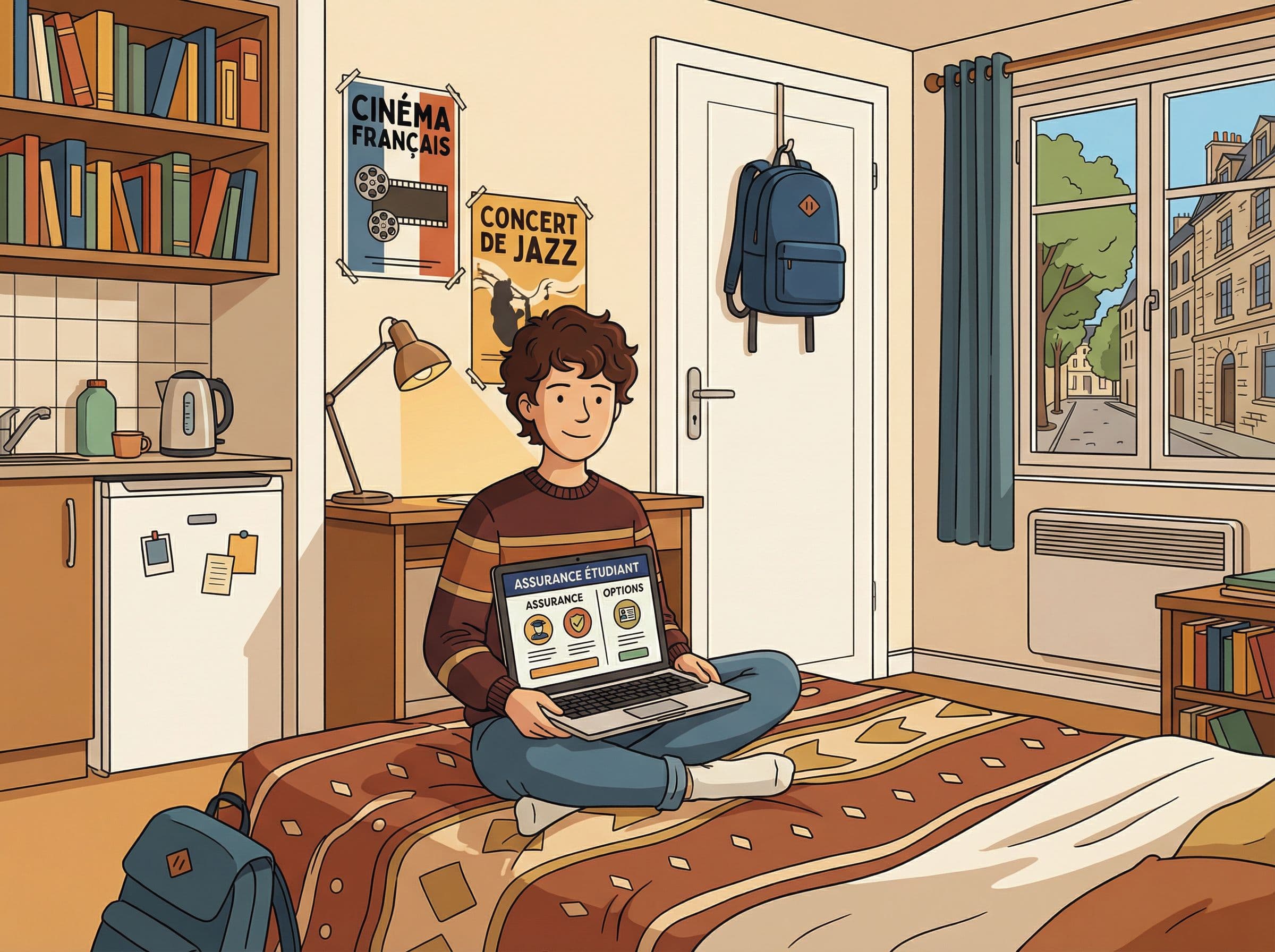 Étudiant français dans son studio vérifiant son assurance habitation en ligne