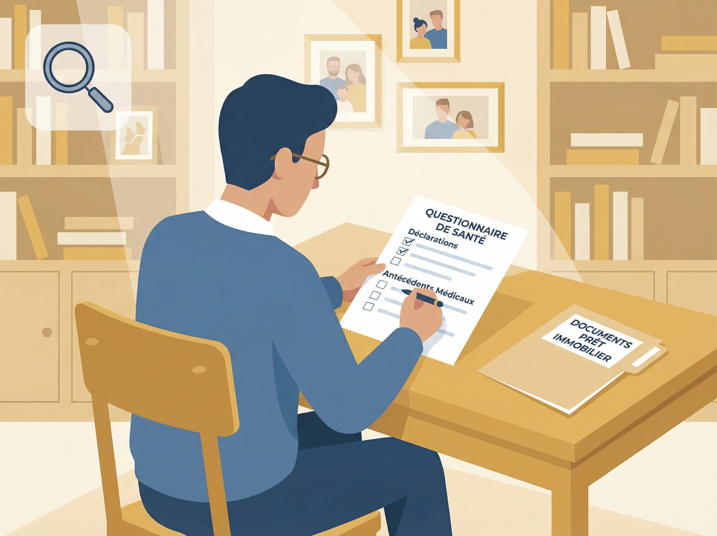 Emprunteur français remplissant consciencieusement un questionnaire de santé pour son assurance de prêt