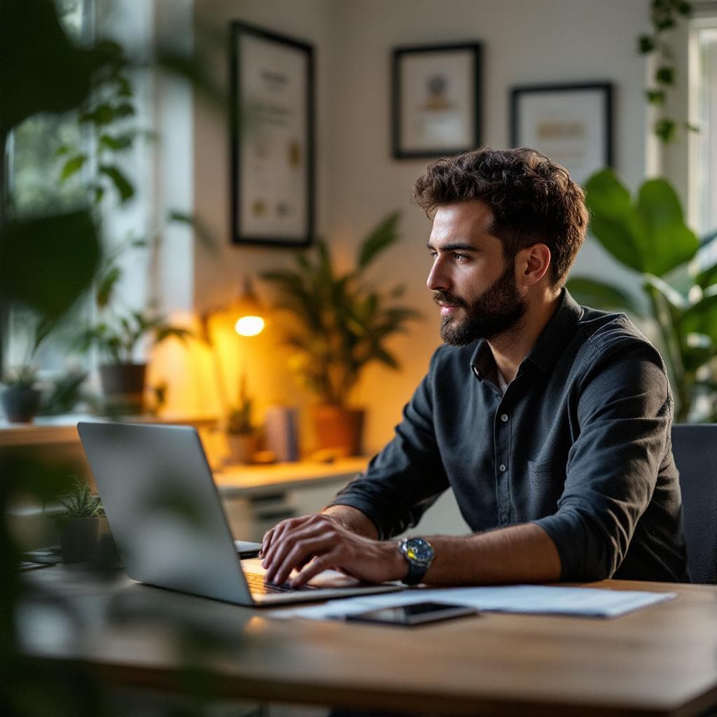 Dirigeant de PME consultant un tableau de bord de cybersécurité avec indicateurs de protection