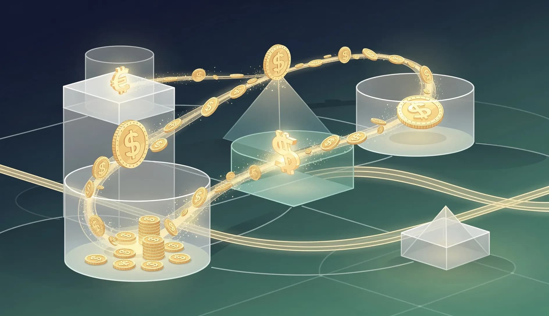 Visualisation abstraite de flux financiers se réorientant entre différents supports d'épargne, symbolisant la grande réallocation patrimoniale française