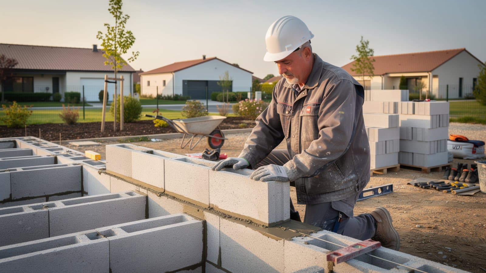 Artisan maçon sur un chantier de construction protégé par son assurance décennale obligatoire