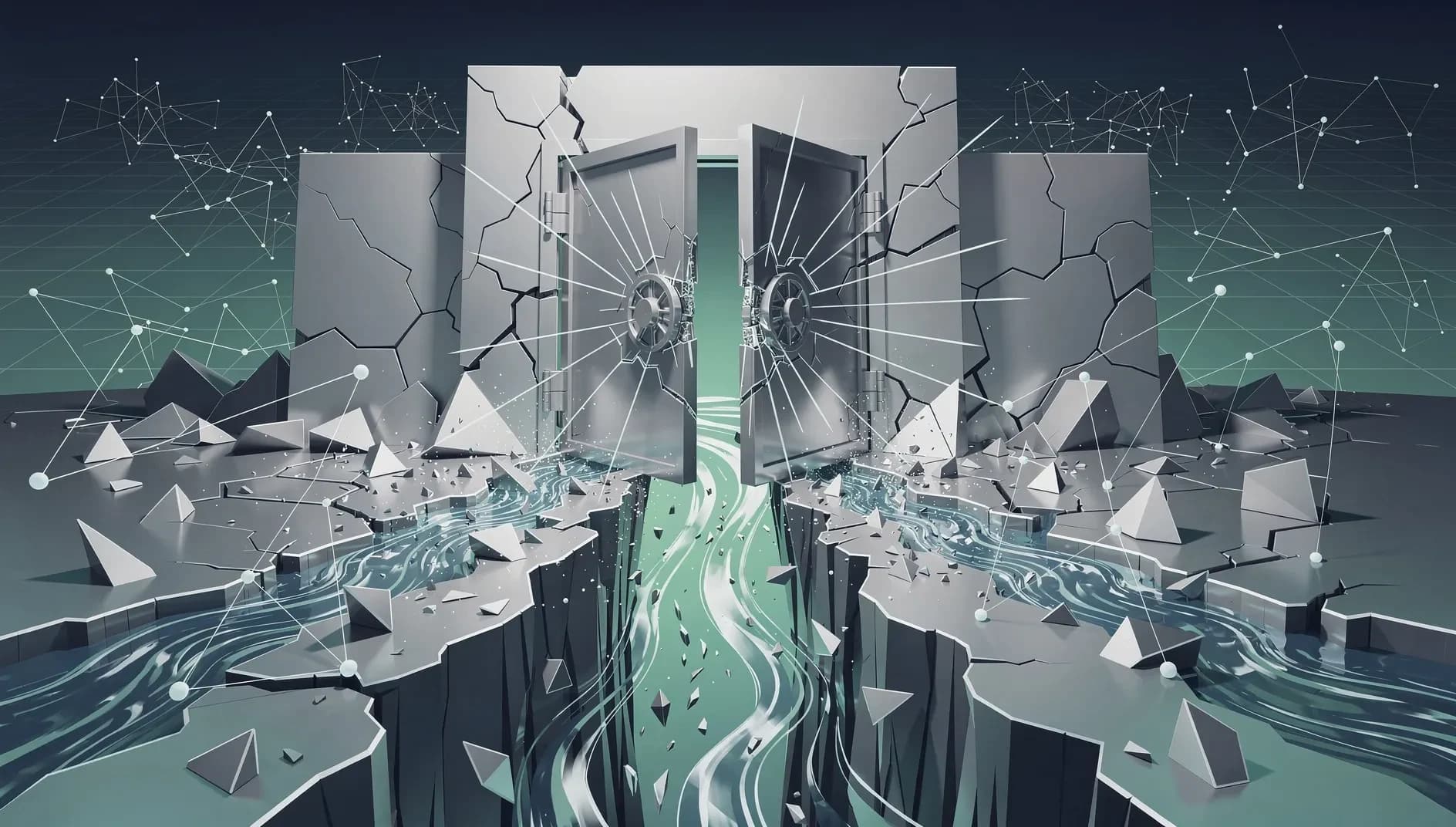 Visualisation abstraite de fissures se propageant dans une structure financière interconnectée, symbolisant la contagion dans le crédit privé