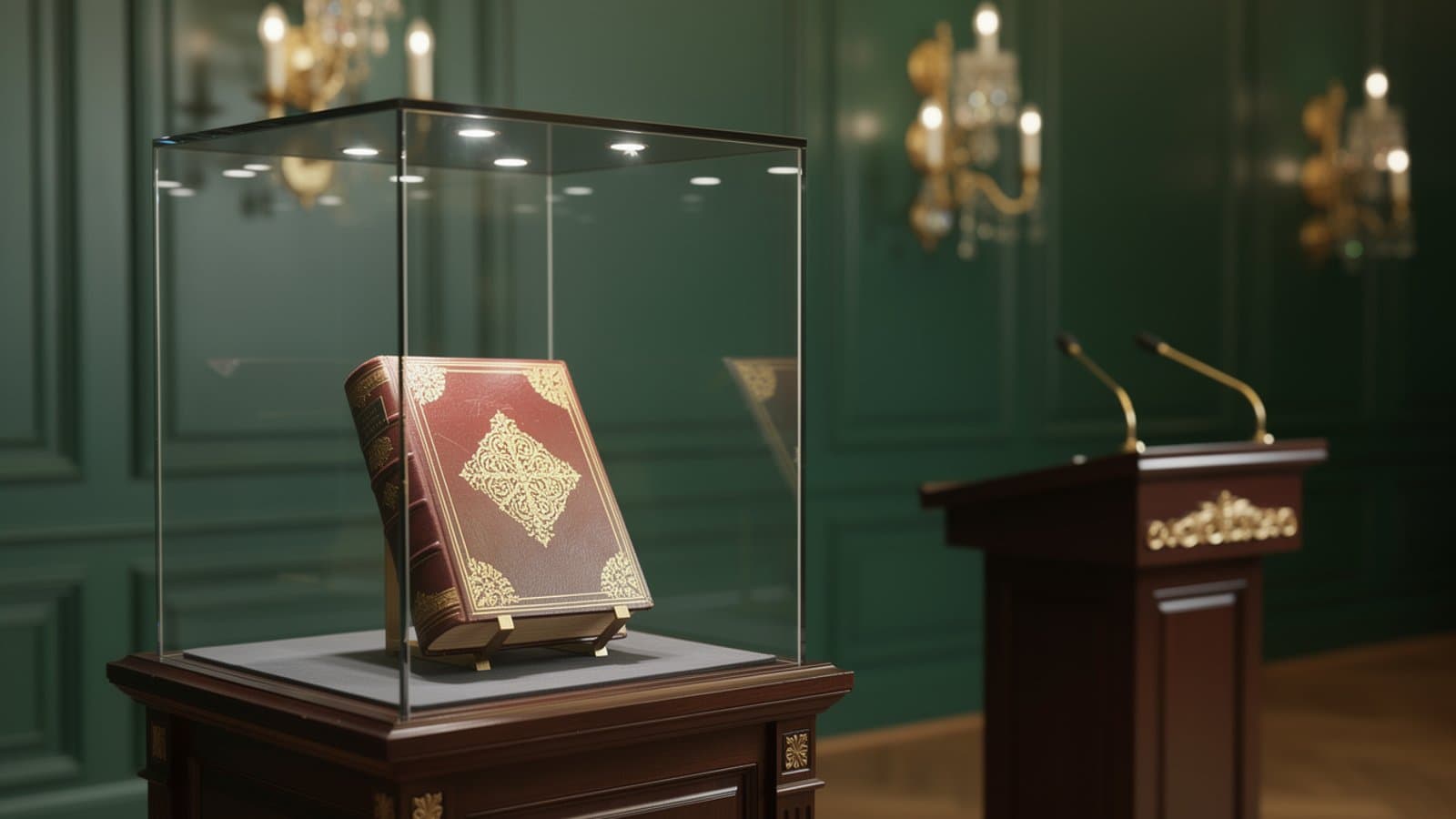 Salle de ventes aux enchères avec livre rare présenté sous vitrine lors d'une vente de prestige