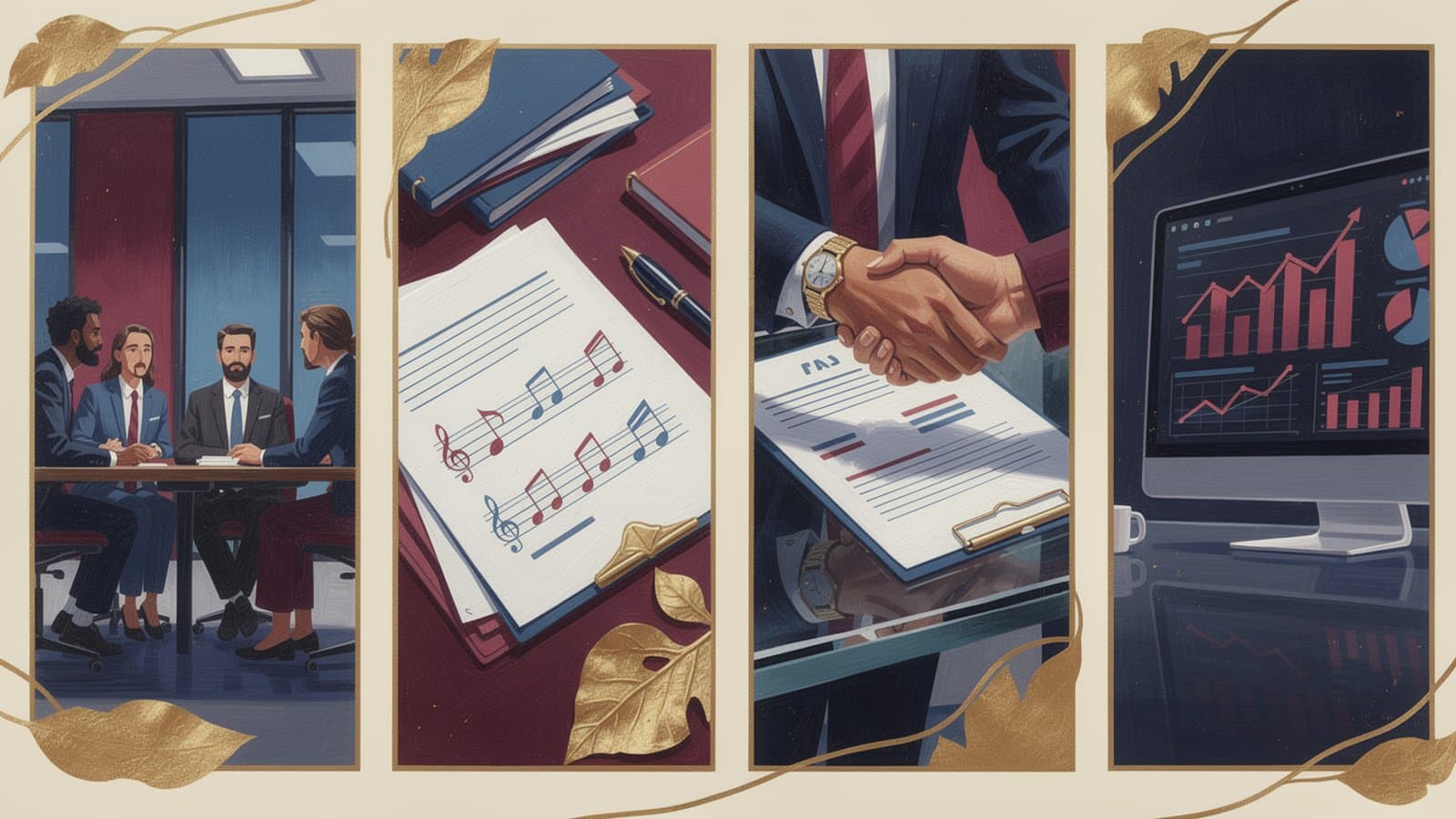 Illustration des quatre étapes pour investir dans les royautés musicales avec French Vest