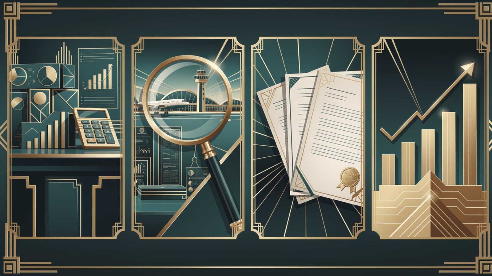 Illustration Art Déco représentant le processus d'investissement FBO en quatre étapes avec French Vest