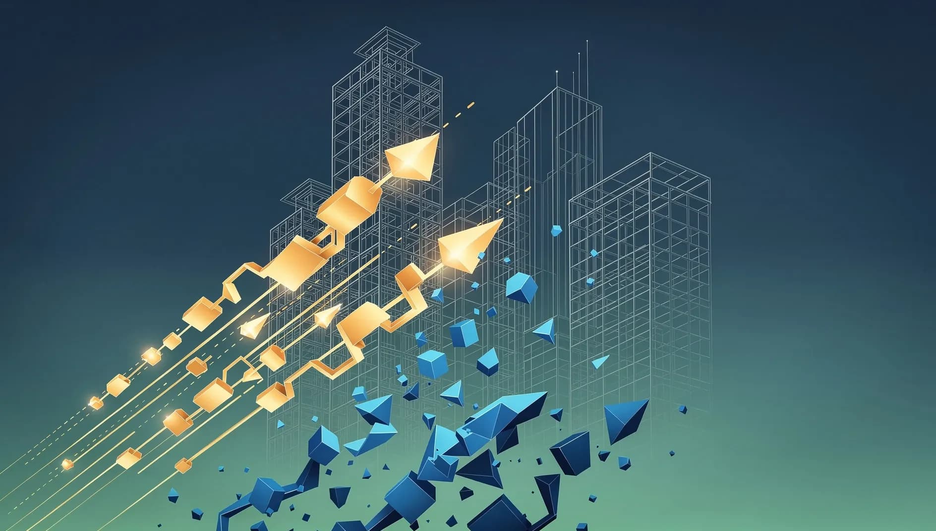 Visualisation abstraite de la dualité entre rendement apparent et performance réelle des placements immobiliers, avec des flux de données divergents