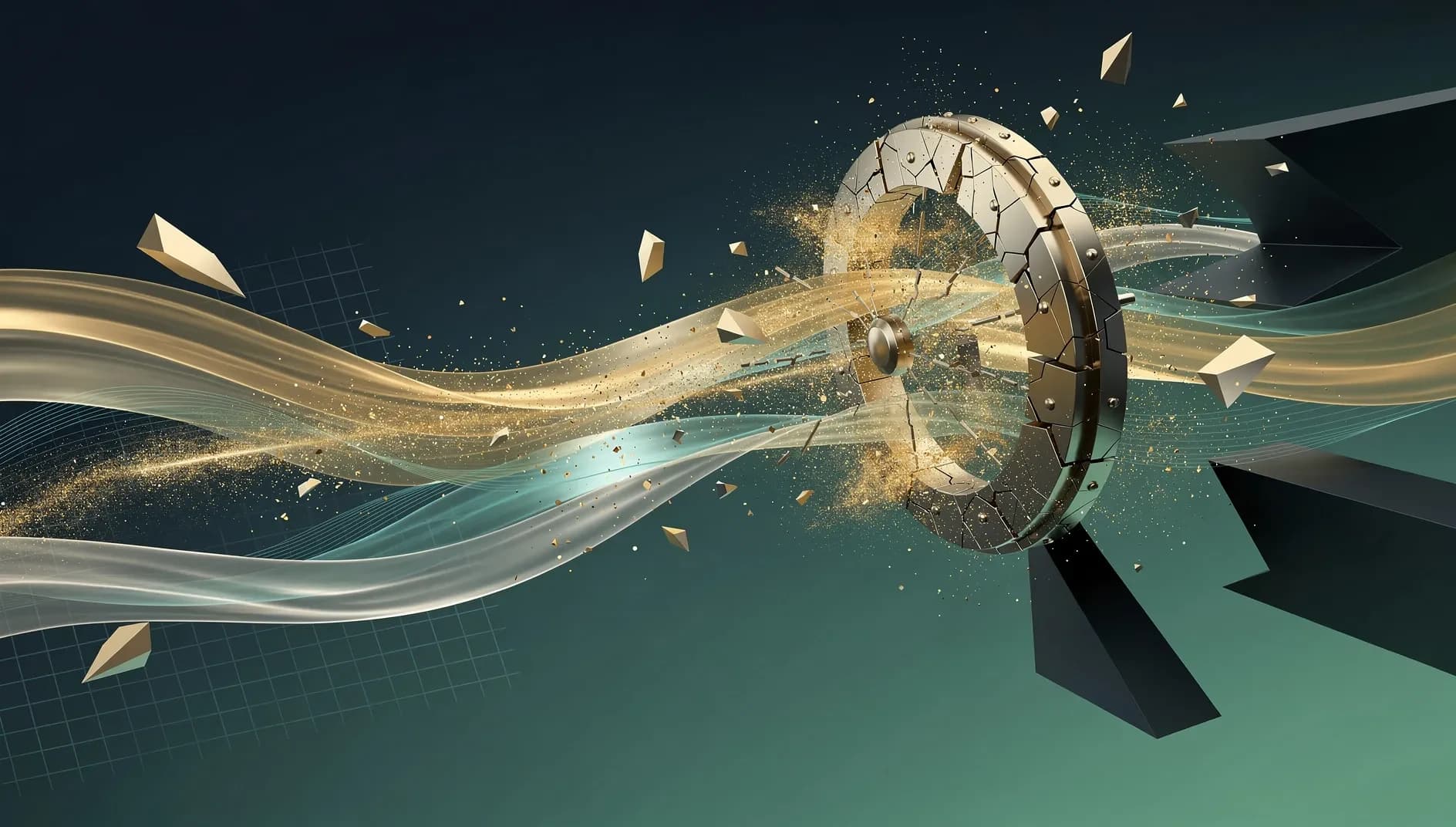 Visualisation abstraite de flux financiers se fragmentant, symbolisant la crise de liquidité dans les fonds de crédit privé