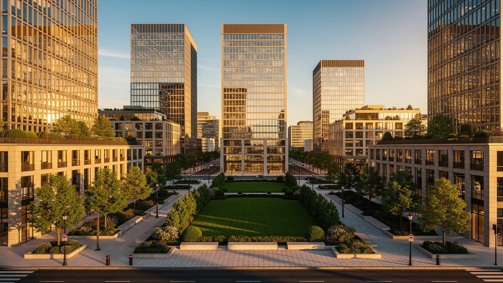 Quartier d'affaires d'une métropole française avec résidences de services et immeubles de bureaux