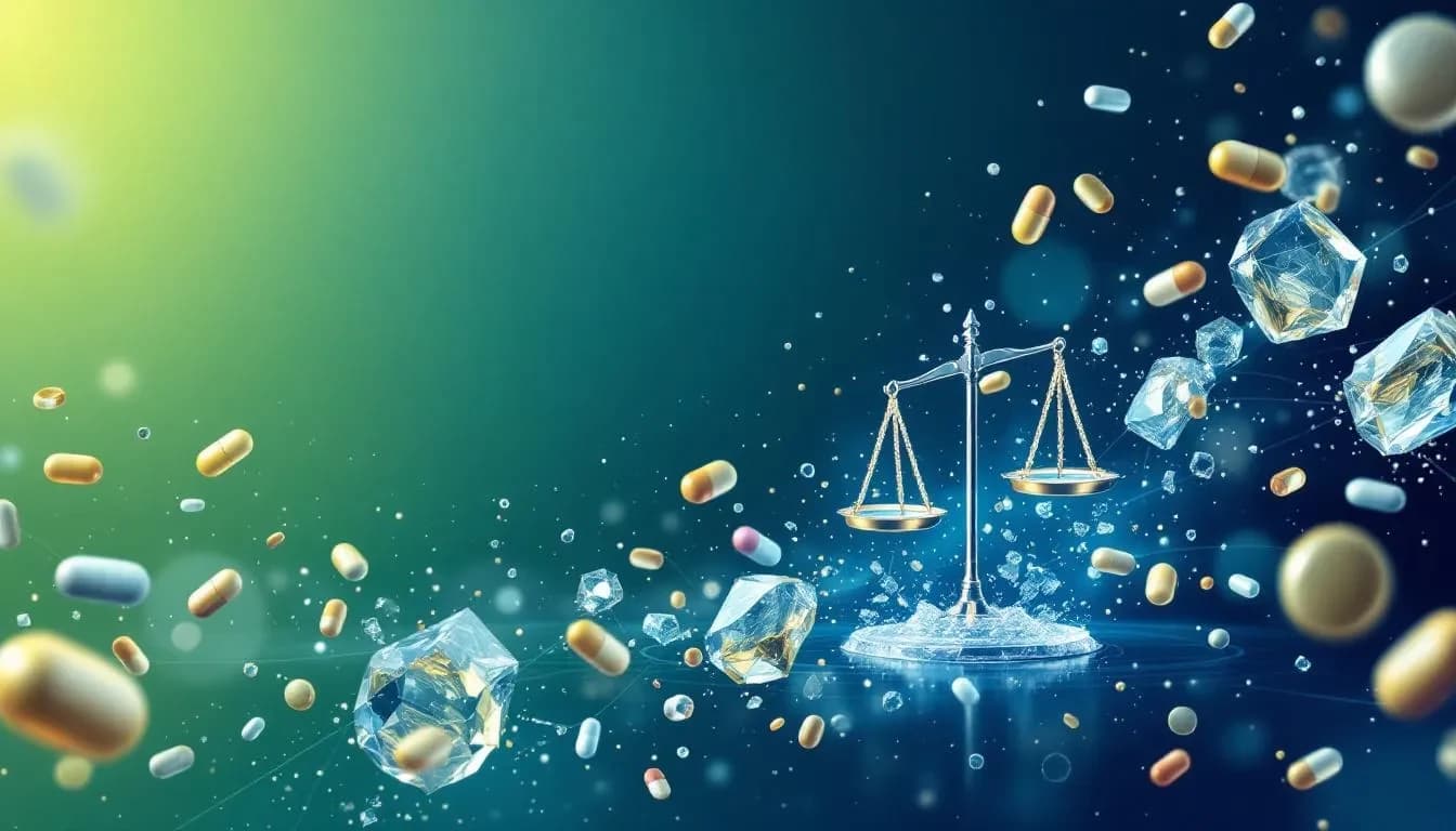 Illustration abstraite d'une transformation réglementaire majeure : structures juridiques et flux financiers en métamorphose, tons bleu profond et vert émeraude