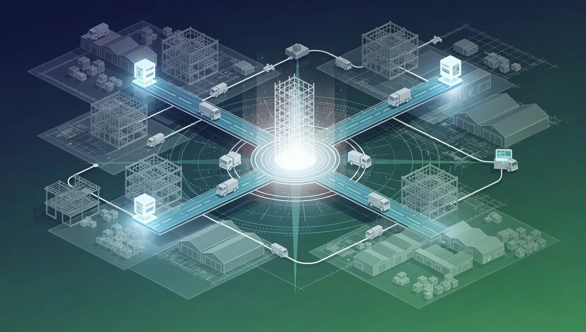 Illustration abstraite d'un réseau de distribution de matériaux de construction, flux logistiques interconnectés, gradient bleu profond et vert émeraude