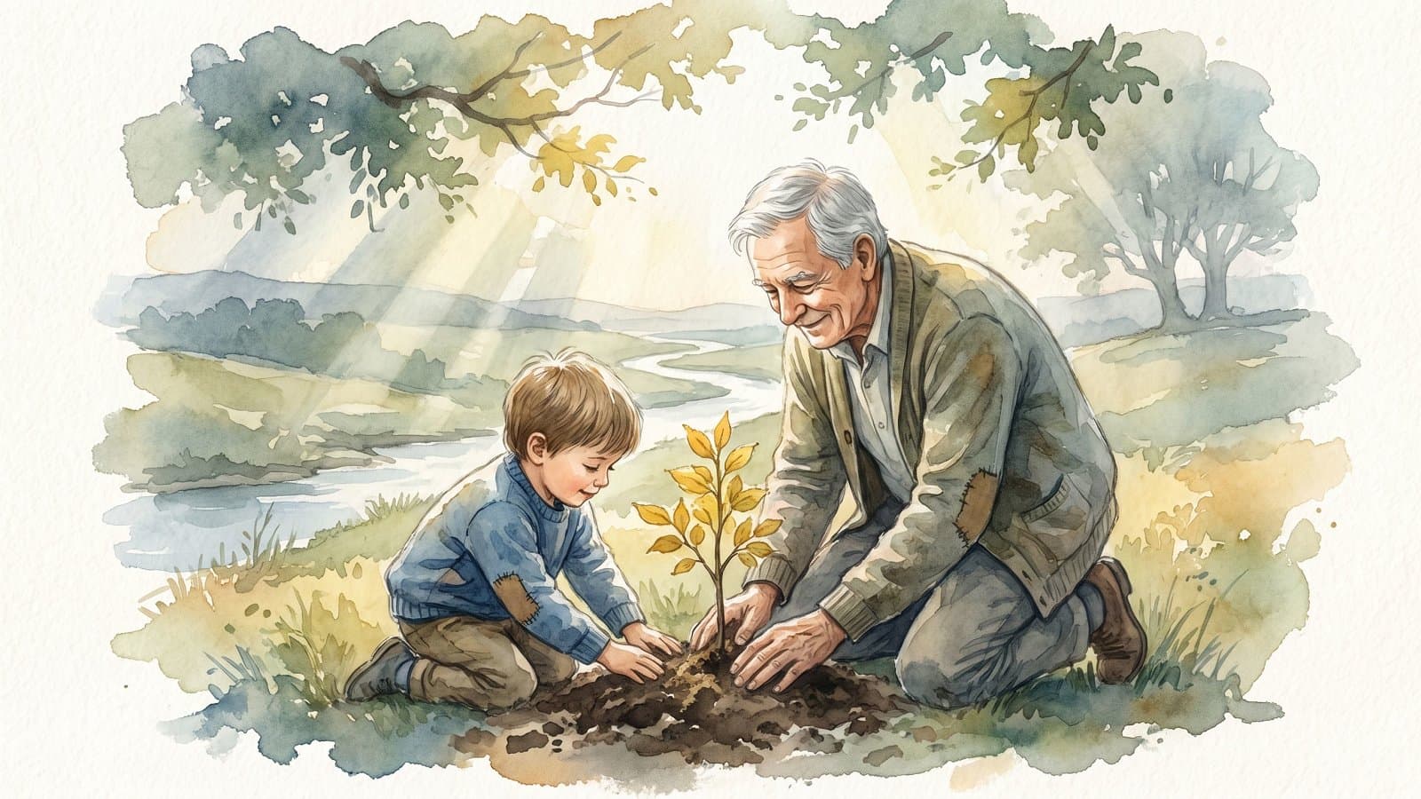 Grand parent et enfant plantant ensemble un arbre, symbole de l assurance vie ouverte pour un mineur