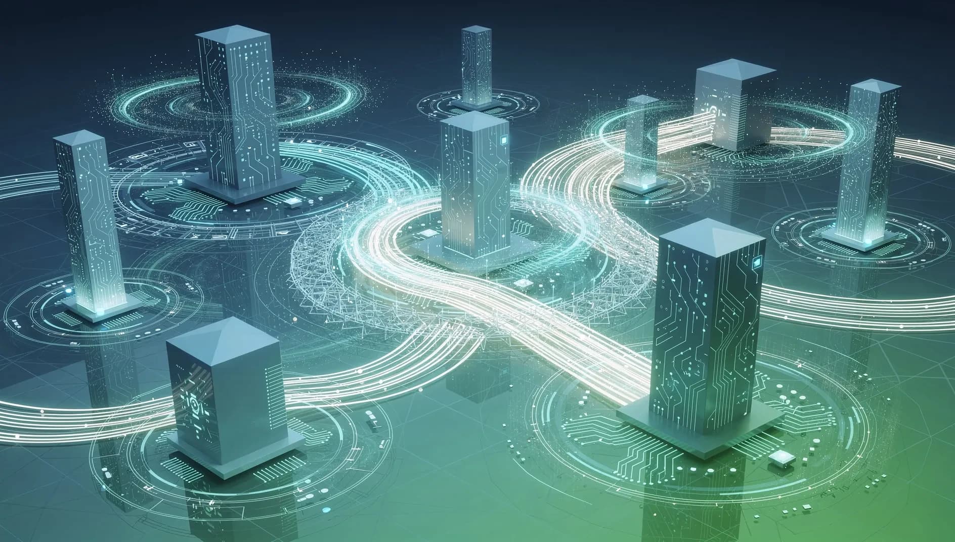 Représentation abstraite de réseaux d'infrastructure numérique mondiale et de flux de données IA interconnectés sur fond dégradé bleu et vert