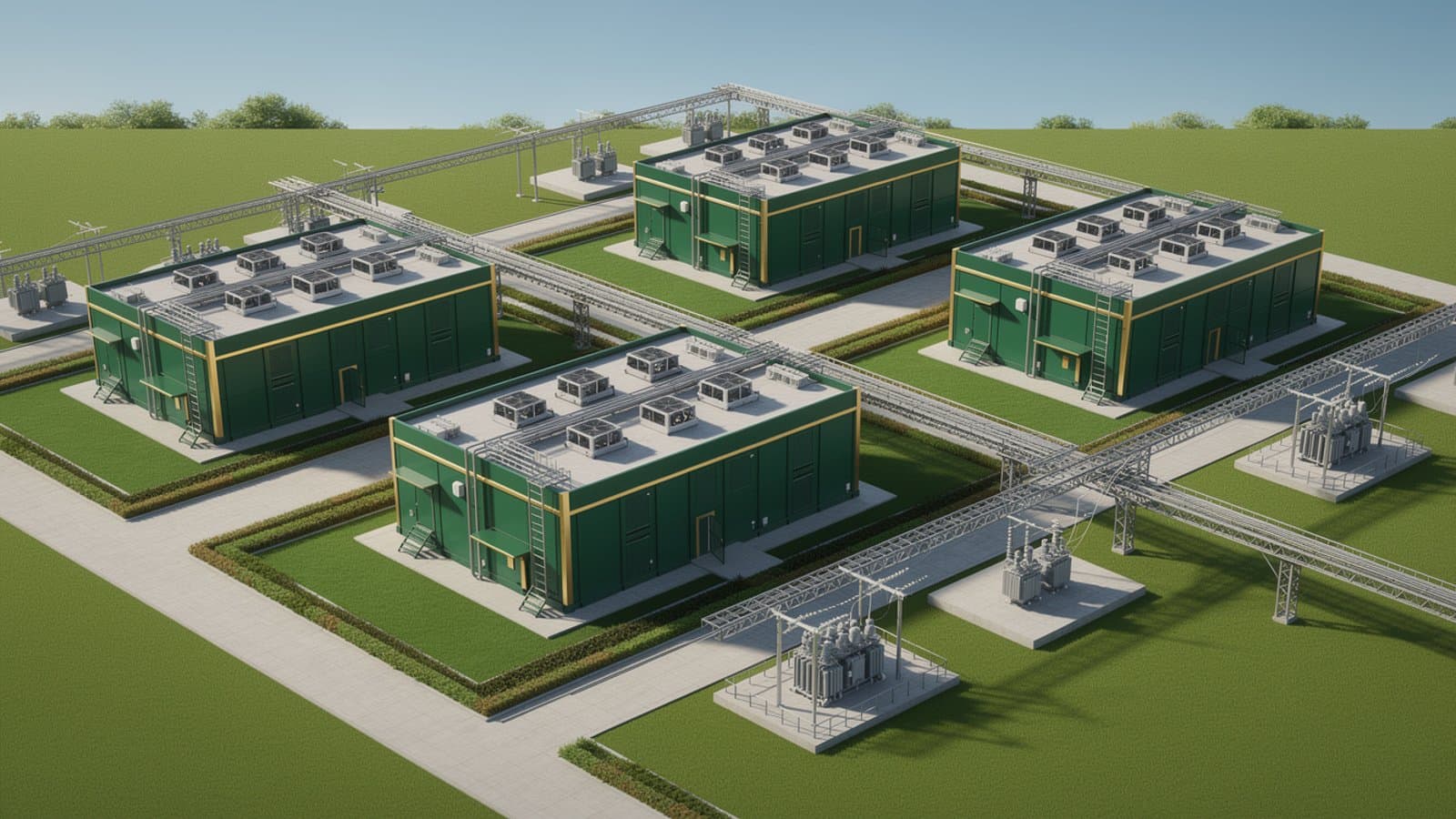 Campus de data centers en France avec architecture isométrique illustrant la densité d'infrastructure