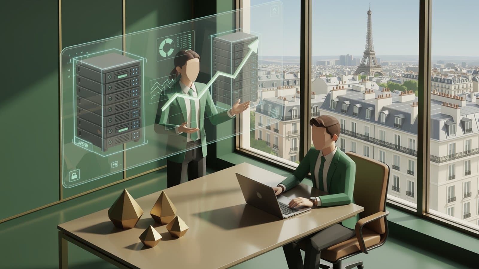 Illustration d'investisseurs analysant les opportunités du marché des data centers en France