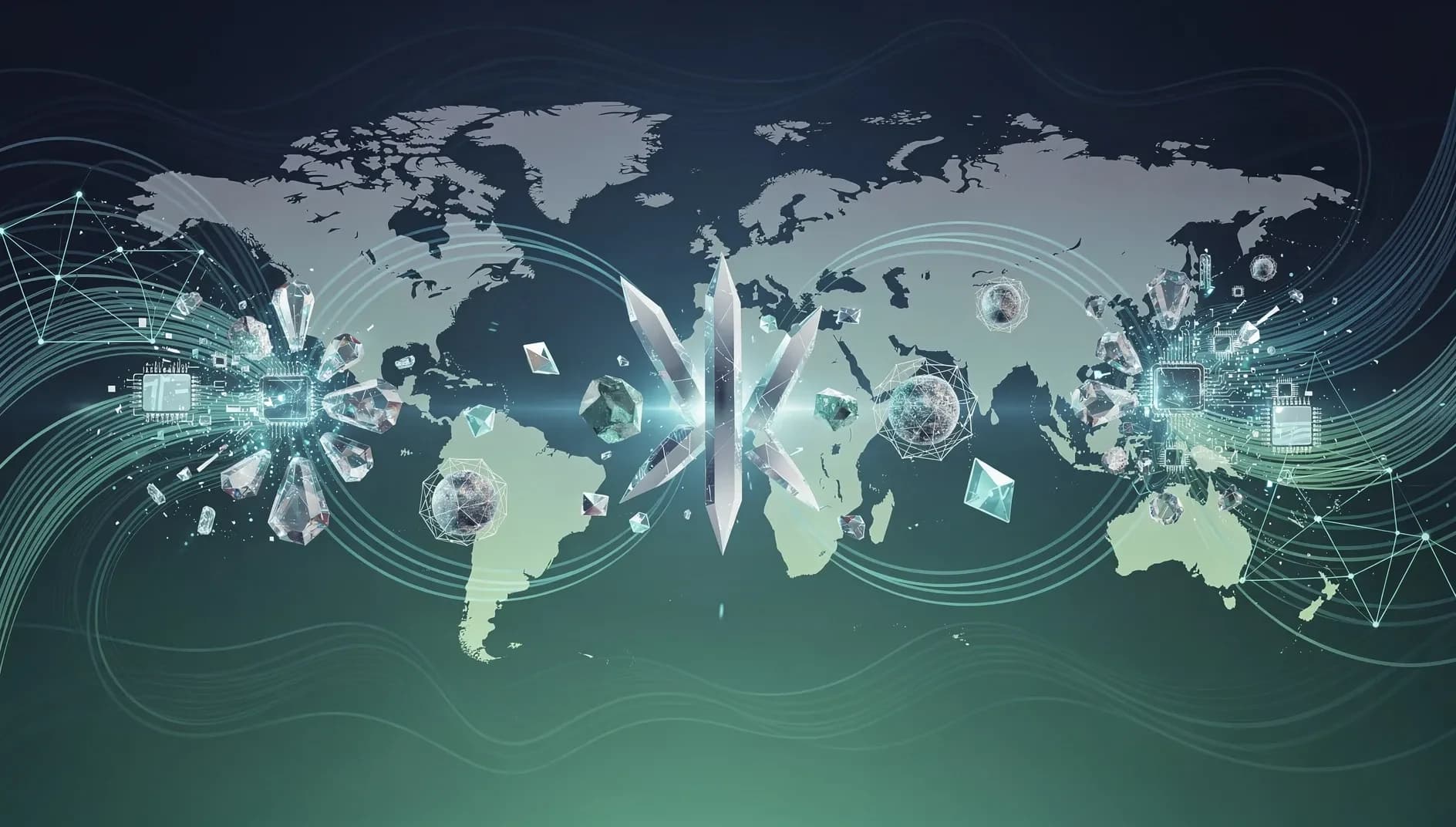 Représentation abstraite des tensions géopolitiques et commerciales entre deux grandes puissances mondiales, flux de données interconnectés en dégradé bleu et vert