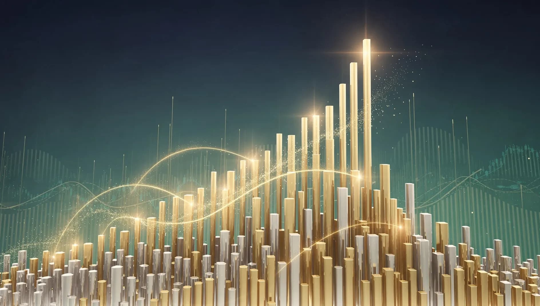Visualisation abstraite de la croissance bénéficiaire record des entreprises américaines au premier trimestre 2026, avec des flux de données ascendants et des structures géométriques dynamiques