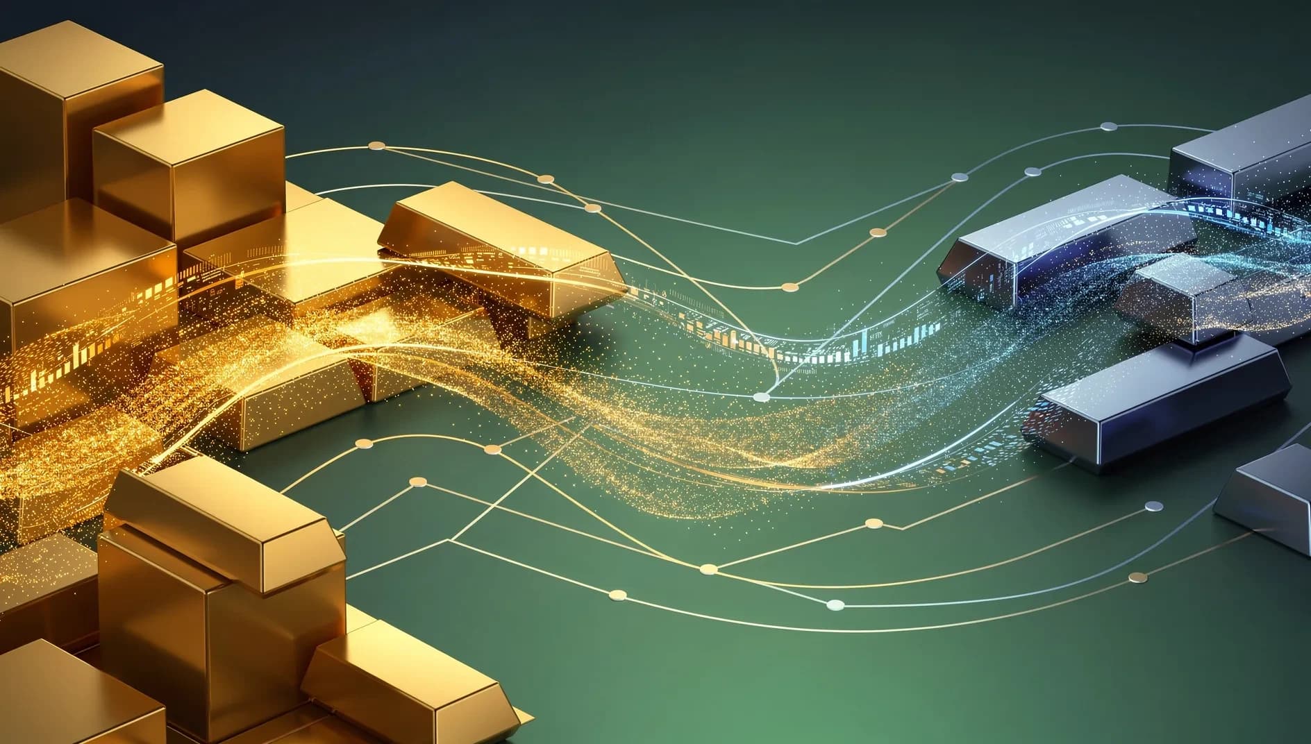Représentation abstraite de flux mondiaux de demande d'or, avec des formes géométriques dorées et bleues symbolisant les flux d'investissement entre Asie et Occident