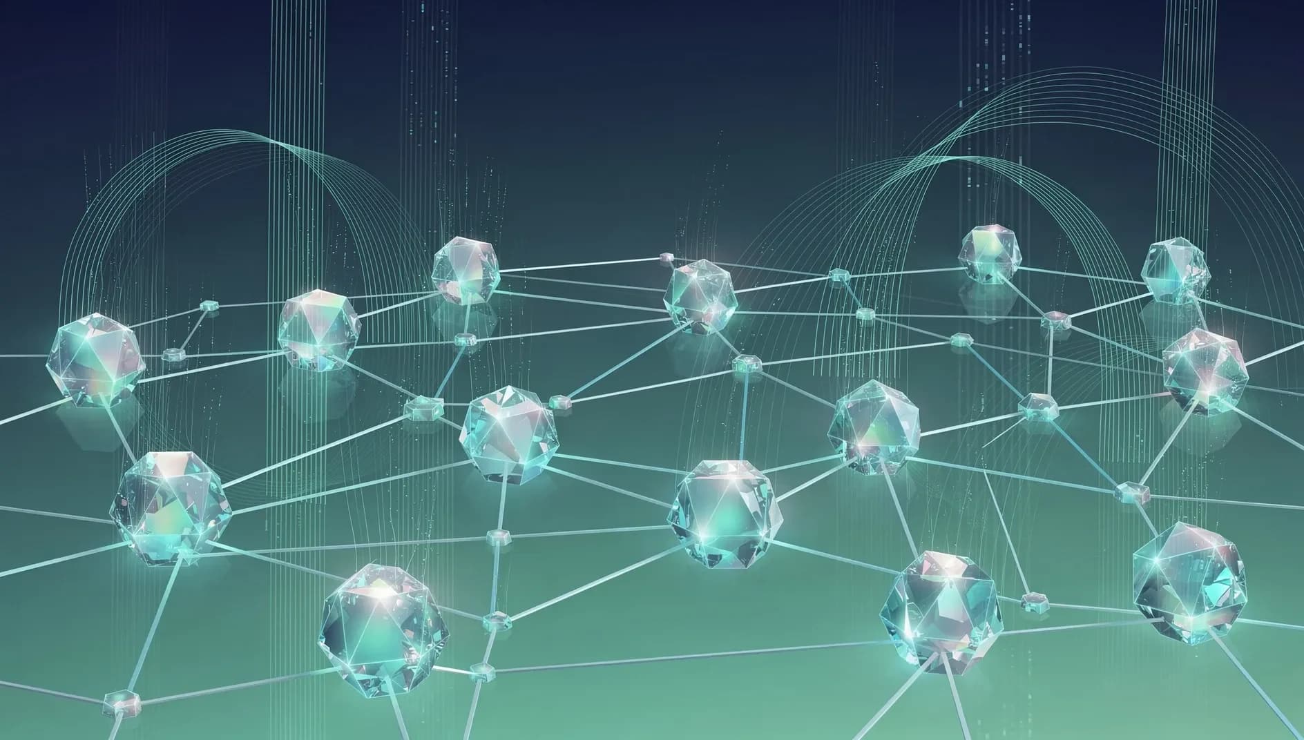Visualisation abstraite de réseaux blockchain décentralisés et de flux de données numériques représentant la transformation de Coinbase vers l'intelligence artificielle