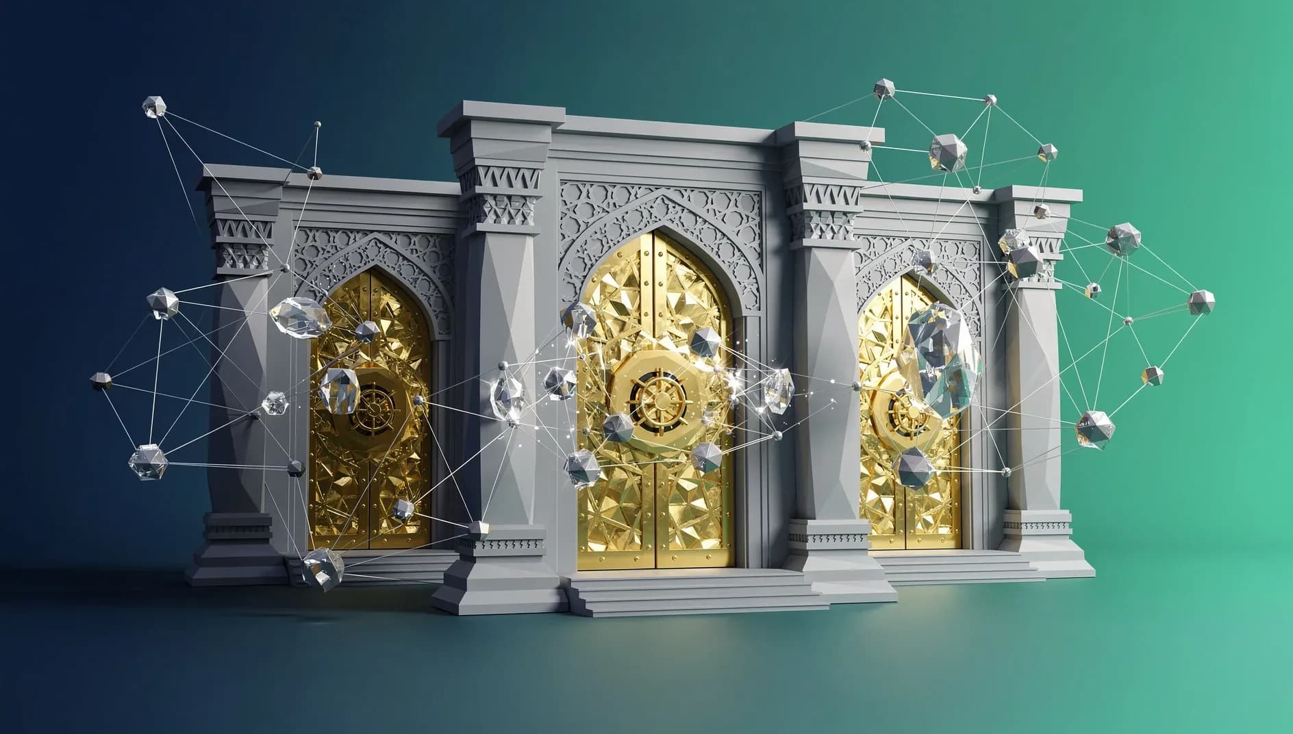 Visualisation abstraite d'une infrastructure financière institutionnelle reliant traditions bancaires et architecture cryptographique en convergence numérique