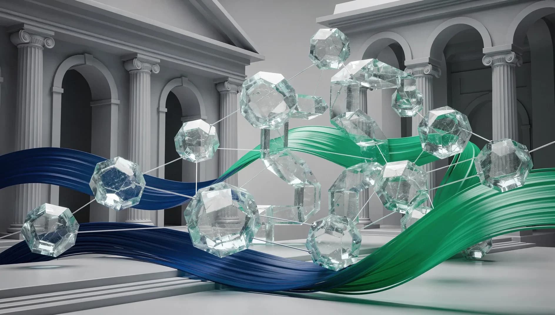 Visualisation abstraite de flux de règlement transfrontaliers entre infrastructure blockchain publique et rails bancaires institutionnels, structures cristallines connectées par filaments lumineux