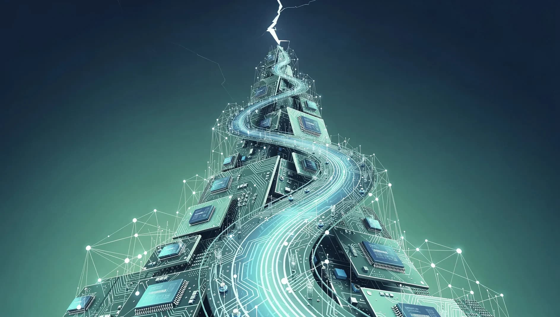 Visualisation abstraite d'une vague descendante de données numériques sur un fond de circuits à puces stylisés évoquant la fragilité d'un cycle technologique au sommet
