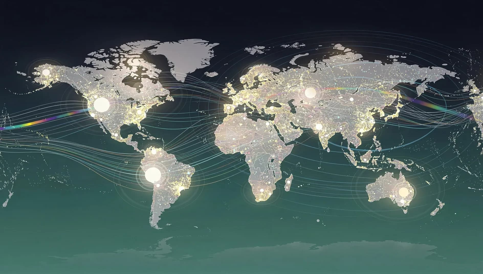 Visualisation abstraite d'un réseau d'indices mondiaux interconnectés, symbolisant la recomposition des fonds passifs lors de la revue MSCI