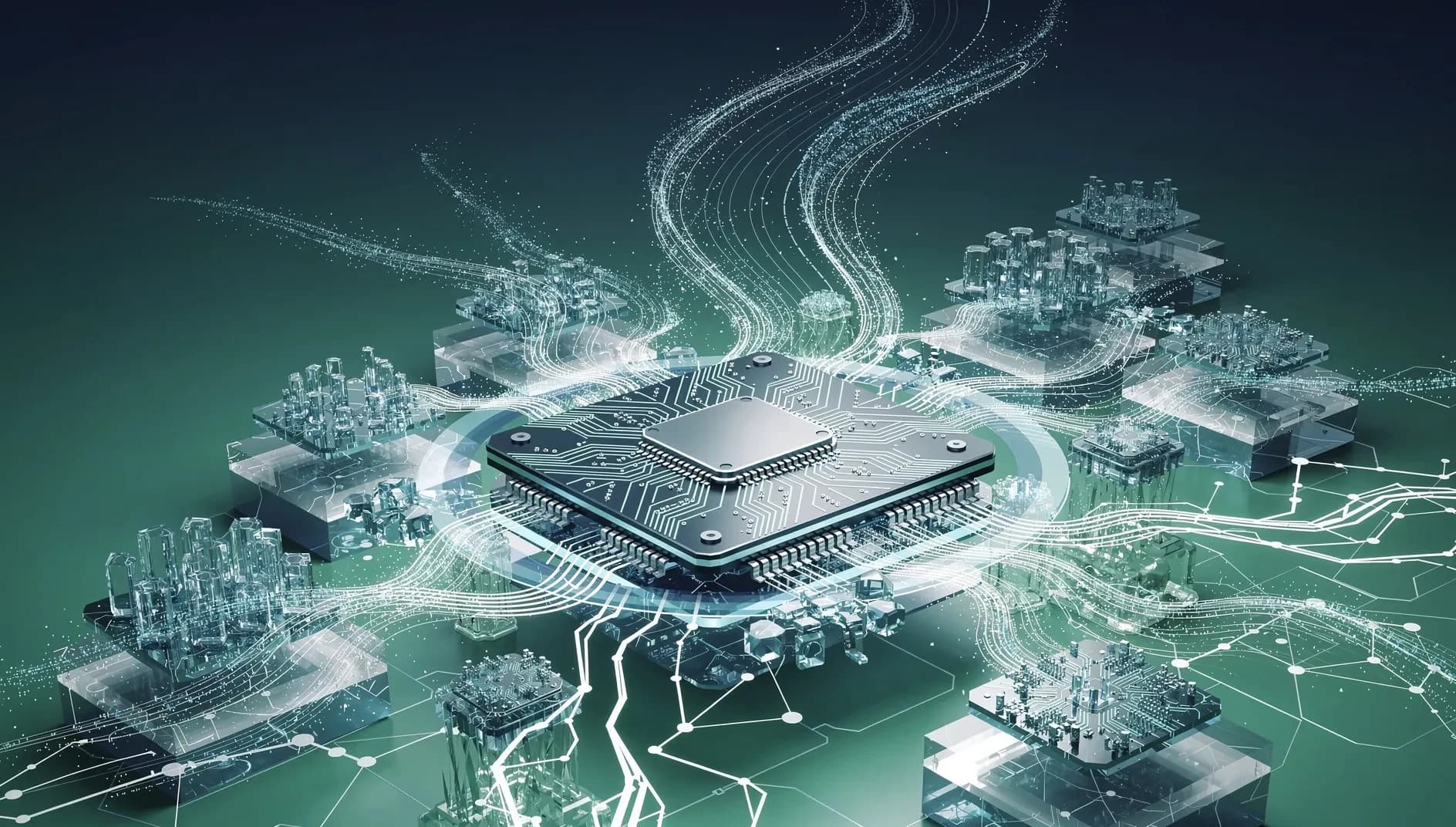 Visualisation abstraite d'une plaquette de silicium géante représentant la puce d'intelligence artificielle Wafer Scale Engine de Cerebras