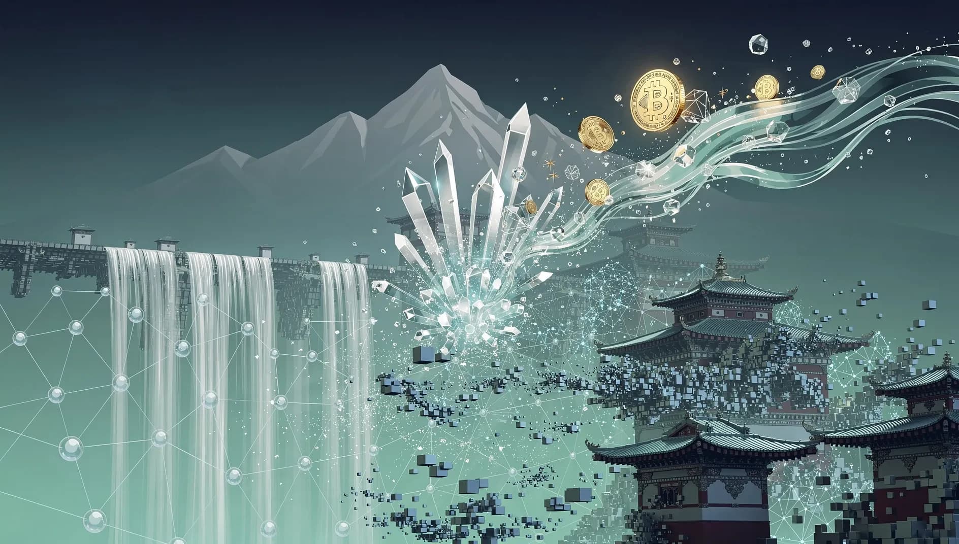 Visualisation abstraite de flux de cryptomonnaies souverains traversant des structures hydroélectriques himalayennes