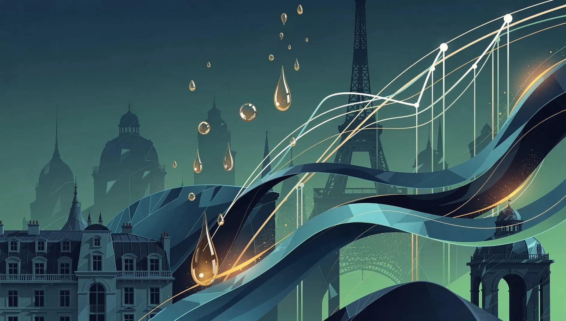 Illustration abstraite évoquant la pression sur les marchés actions européens : courbes descendantes, flux obligataires ascendants, dégradé bleu nuit et vert émeraude