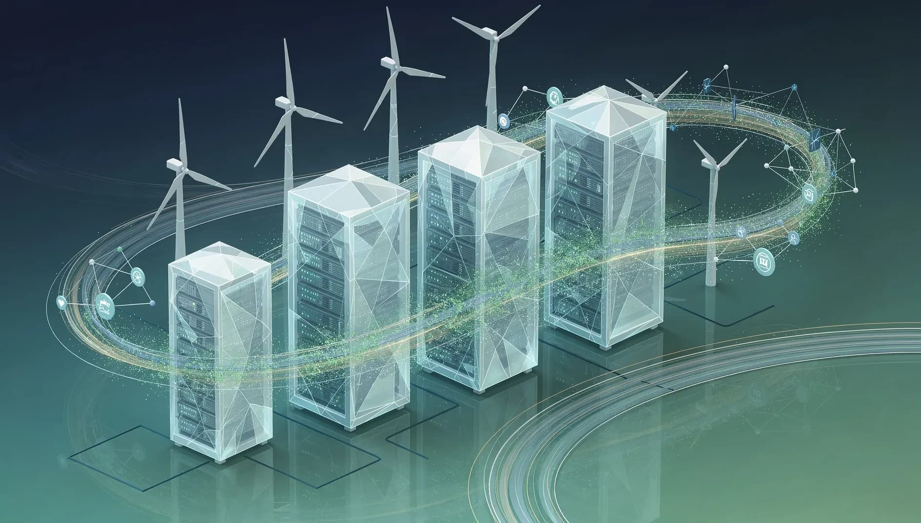Illustration abstraite d'infrastructures numériques et de flux d'énergie renouvelable représentant le projet de méga centre de données brésilien