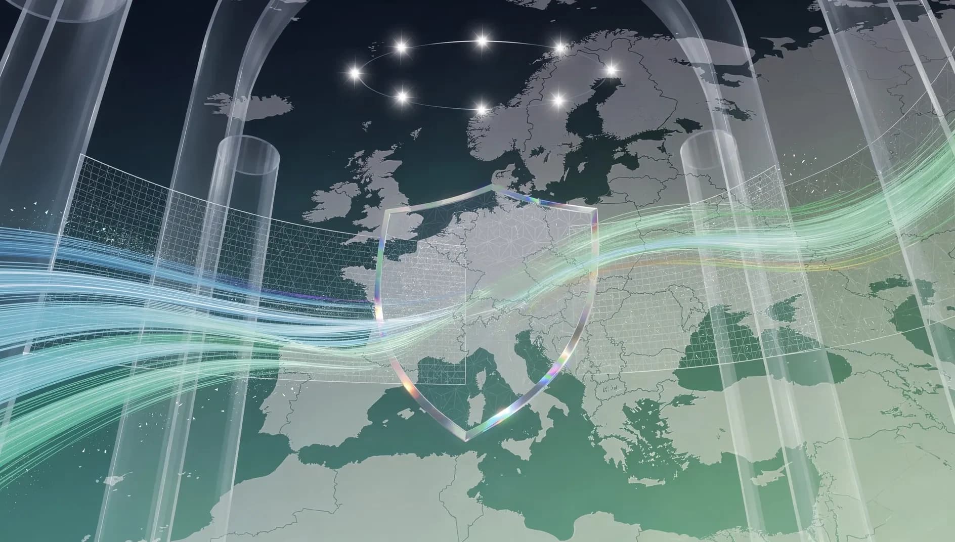 Visualisation abstraite du contrôle européen des flux d'investissements étrangers, motifs institutionnels et grille de protection en gradient bleu vert profond