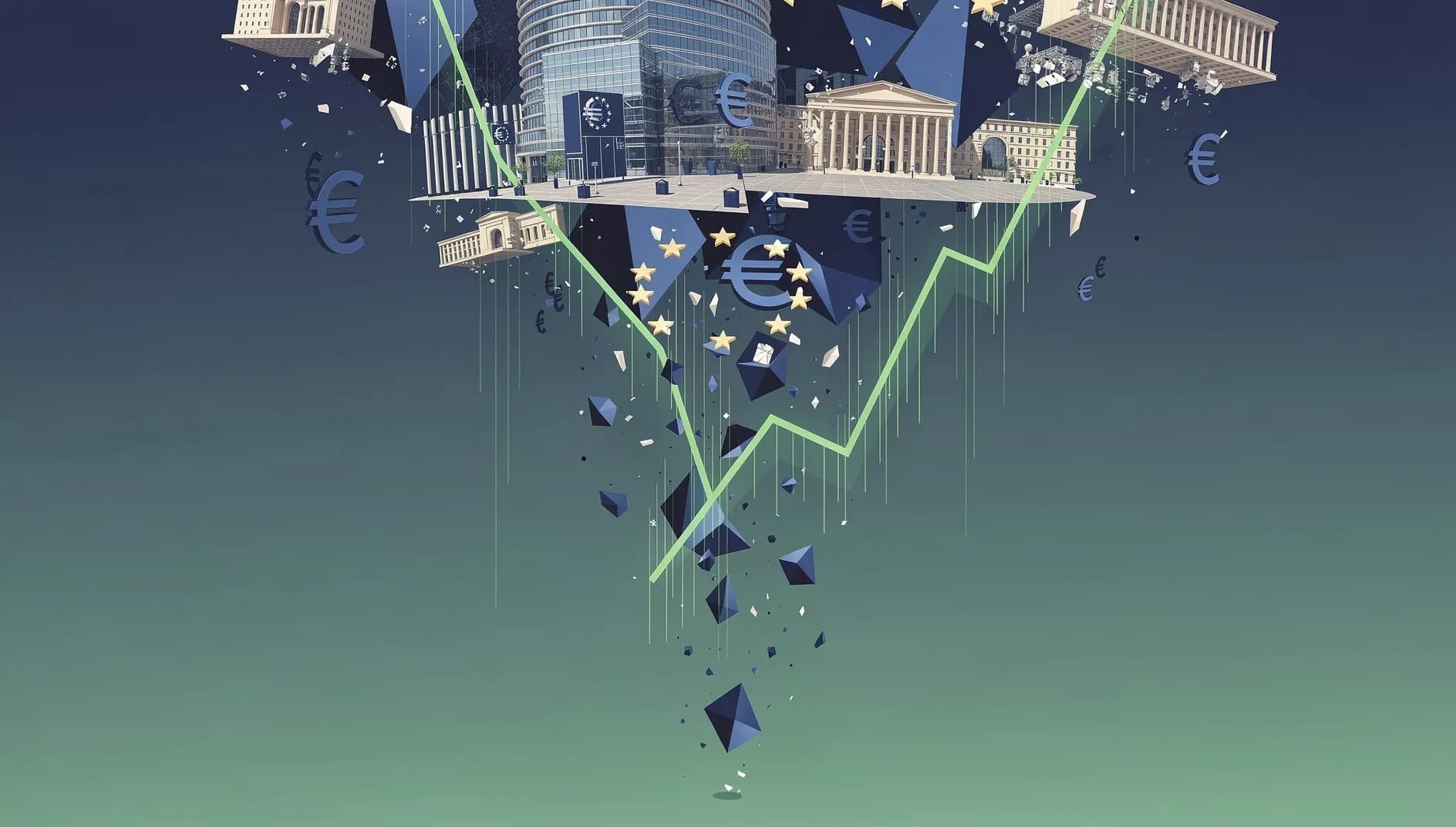 Visualisation abstraite de formes descendantes en bleu profond et vert symbolisant le repli simultané de l'activité industrielle et des services en zone euro