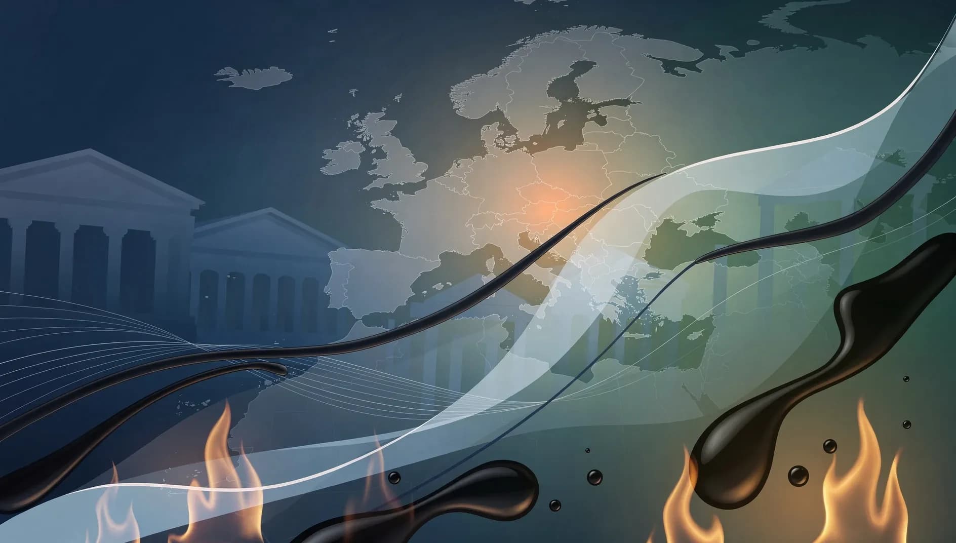 Illustration abstraite représentant la convergence des indicateurs économiques de la zone euro, avec des courbes descendantes traduisant le ralentissement de la croissance et des flux énergétiques traduisant le choc d'offre