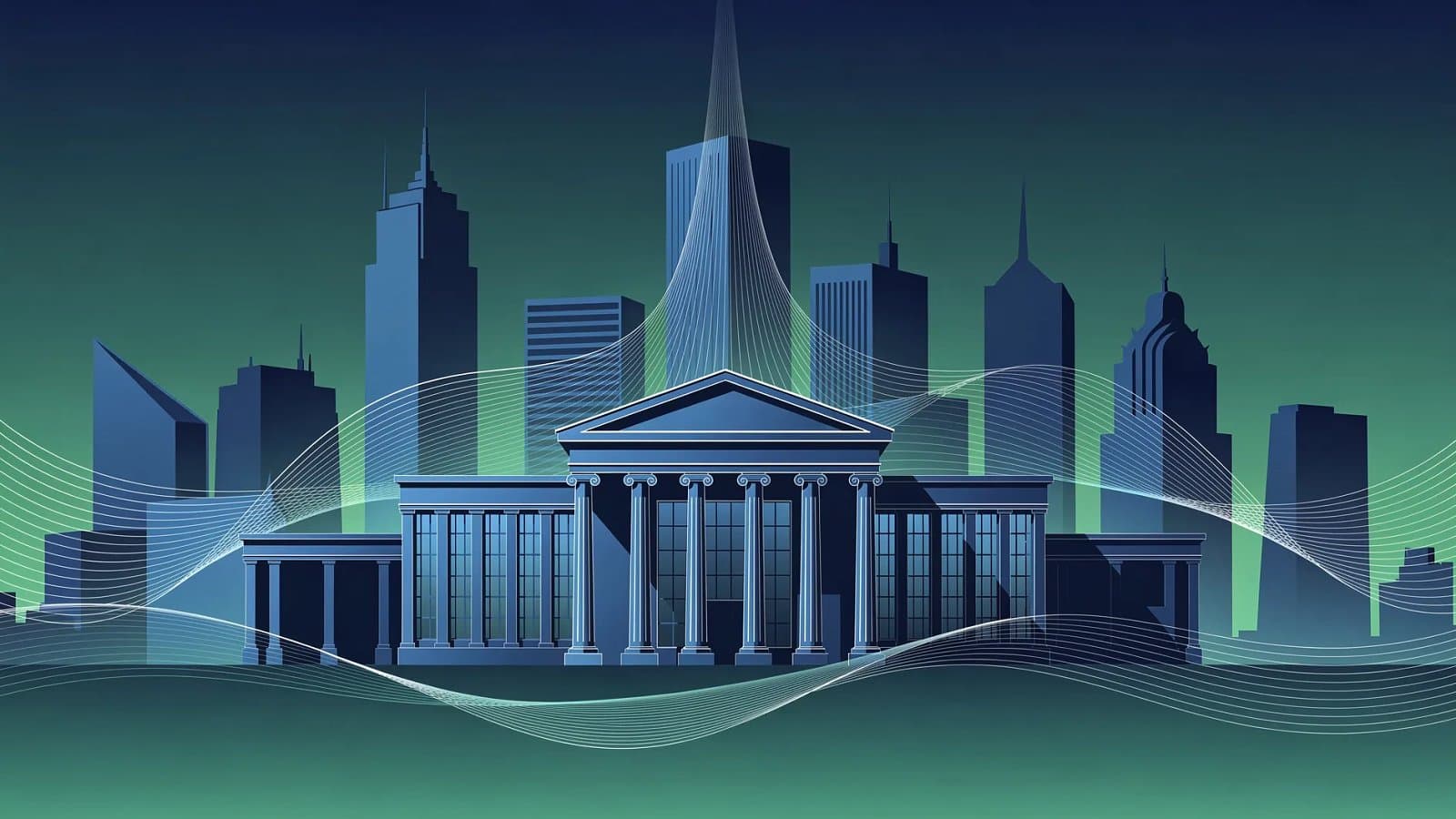 Illustration abstraite de l'architecture institutionnelle européenne avec dégradé bleu profond et vert émeraude évoquant la pression monétaire de la zone euro