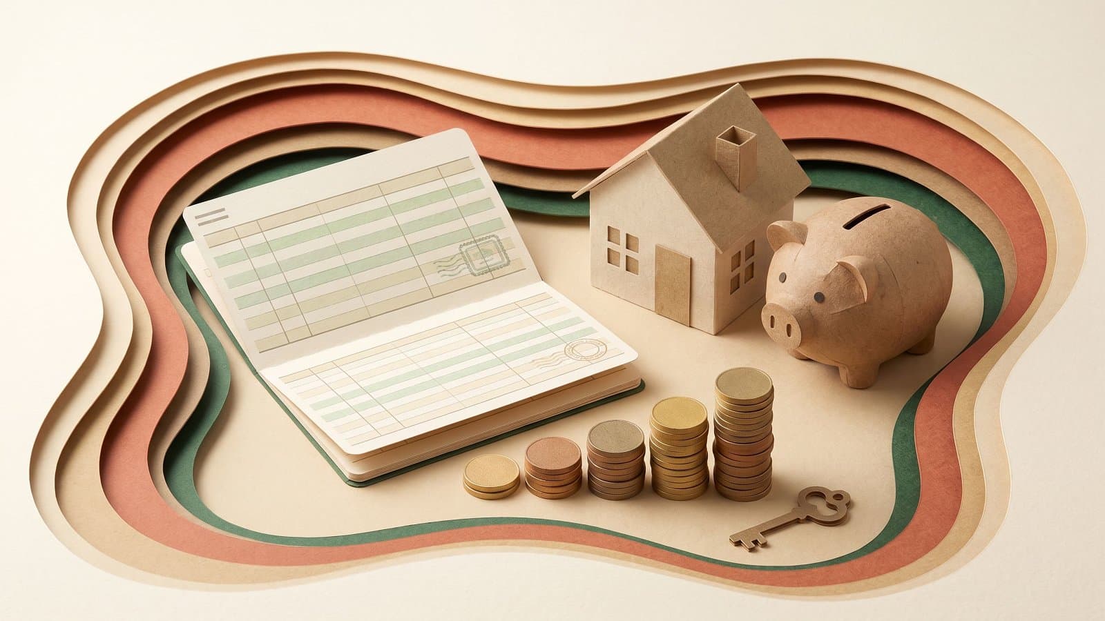 Illustration en papier découpé représentant un plan et un compte épargne logement avec une maison, une tirelire et des piles de pièces